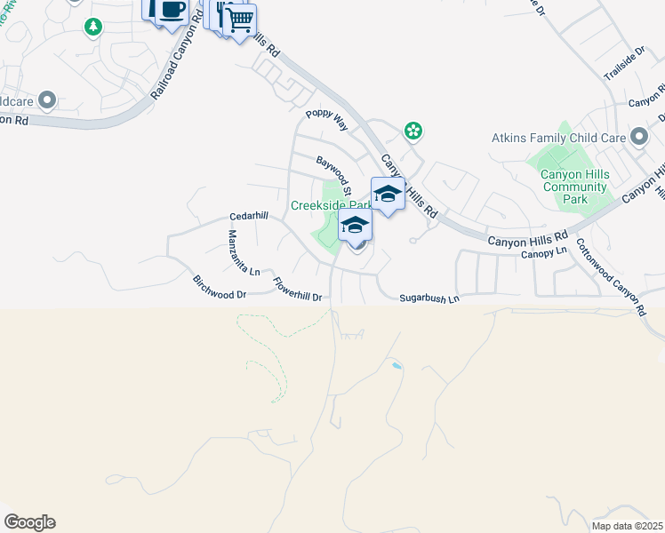 map of restaurants, bars, coffee shops, grocery stores, and more near Lost Road & Cedarhill Lane in Lake Elsinore