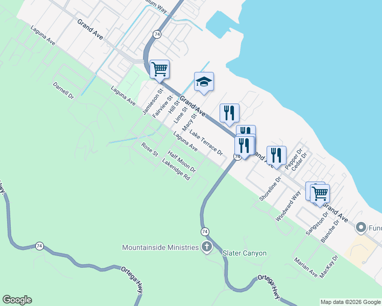 map of restaurants, bars, coffee shops, grocery stores, and more near 15680 Half Moon Drive in Lake Elsinore