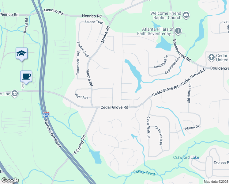 map of restaurants, bars, coffee shops, grocery stores, and more near 4176 Janjolin Drive in Conley