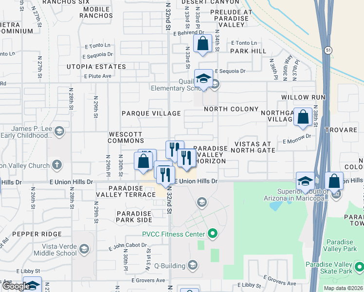 map of restaurants, bars, coffee shops, grocery stores, and more near 3225 East Rosemonte Drive in Phoenix