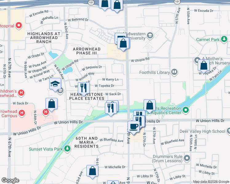 map of restaurants, bars, coffee shops, grocery stores, and more near 5942 West Kimberly Way in Glendale
