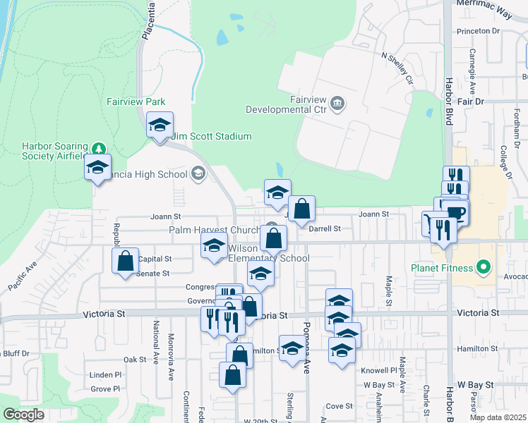 map of restaurants, bars, coffee shops, grocery stores, and more near 760 West Wilson Street in Costa Mesa