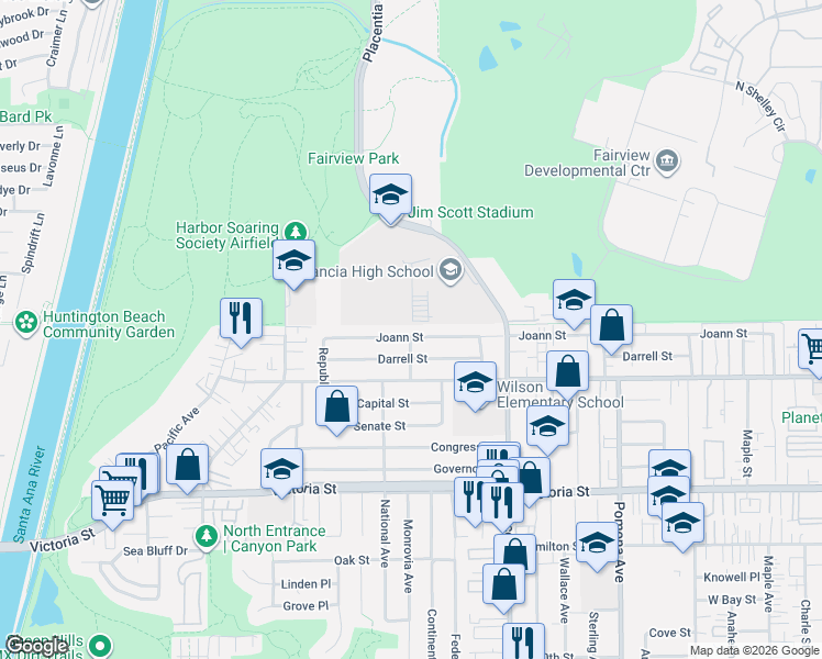 map of restaurants, bars, coffee shops, grocery stores, and more near 890 Darrell Street in Costa Mesa