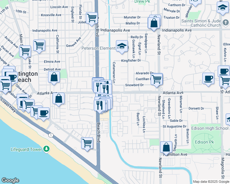 map of restaurants, bars, coffee shops, grocery stores, and more near 8155 Whitestone Drive in Huntington Beach
