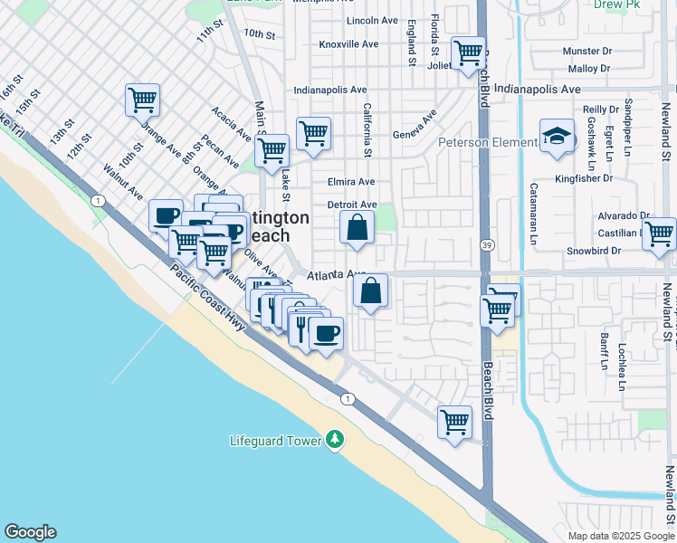 map of restaurants, bars, coffee shops, grocery stores, and more near 21040 Pacific City Circle in Huntington Beach