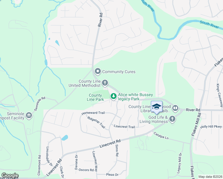map of restaurants, bars, coffee shops, grocery stores, and more near 4057 River Road in Ellenwood
