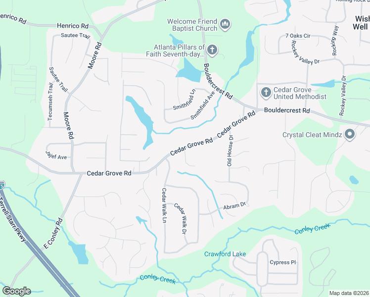 map of restaurants, bars, coffee shops, grocery stores, and more near 4173 Cedar Commons Way in Conley