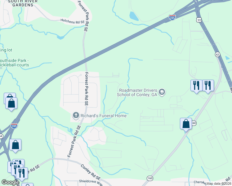map of restaurants, bars, coffee shops, grocery stores, and more near 3587 Oakshire Way Southeast in Atlanta