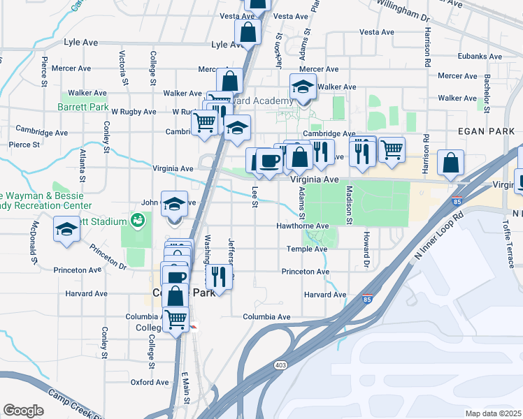 map of restaurants, bars, coffee shops, grocery stores, and more near 1700 John Calvin Avenue in College Park