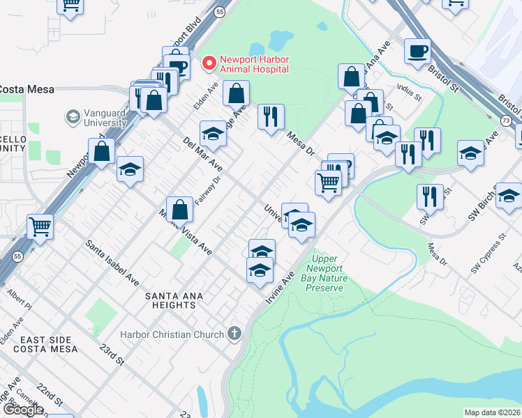 map of restaurants, bars, coffee shops, grocery stores, and more near 315 University Drive in Costa Mesa