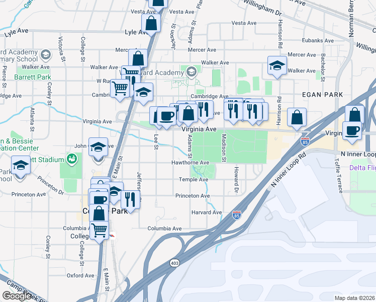 map of restaurants, bars, coffee shops, grocery stores, and more near 3559 Adams Street in College Park