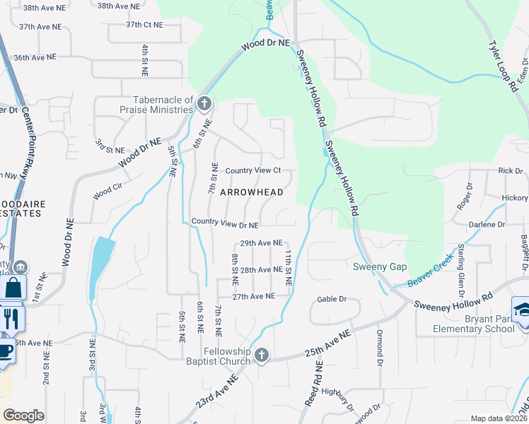 map of restaurants, bars, coffee shops, grocery stores, and more near 827 Country View Drive Northeast in Center Point