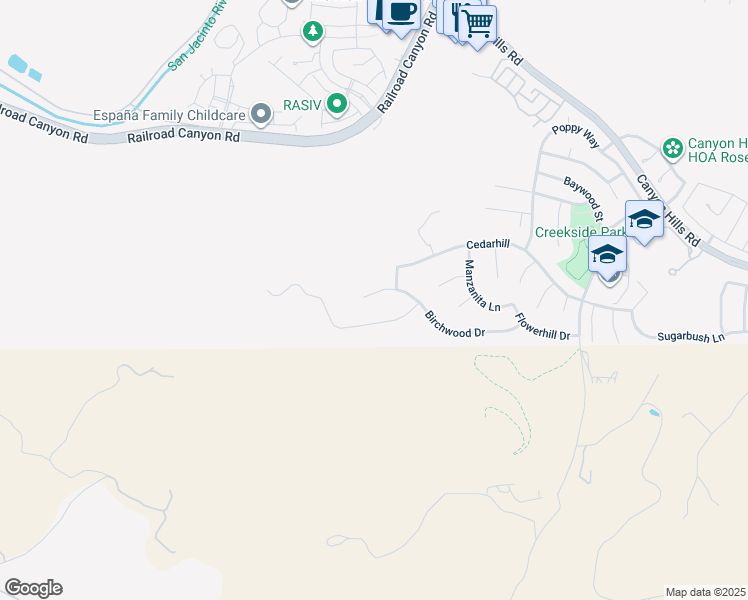 map of restaurants, bars, coffee shops, grocery stores, and more near 31871 Birchwood Drive in Lake Elsinore