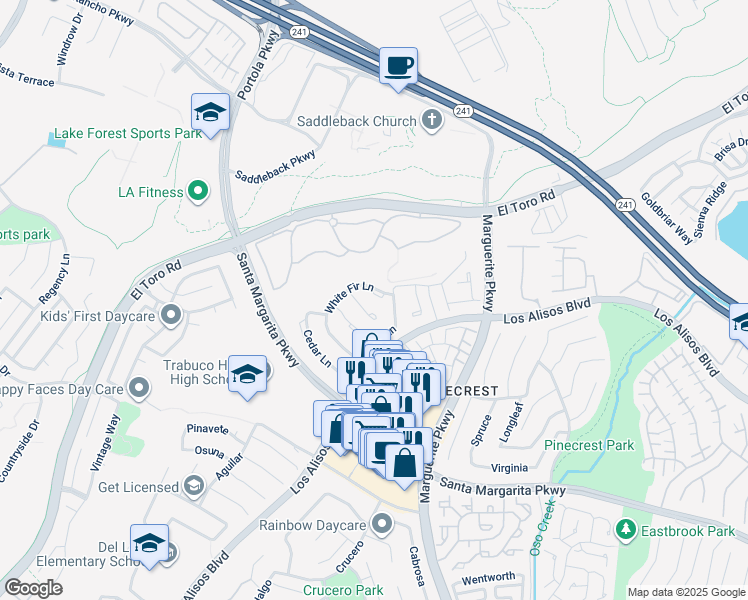 map of restaurants, bars, coffee shops, grocery stores, and more near 27642 White Fir Lane in Mission Viejo