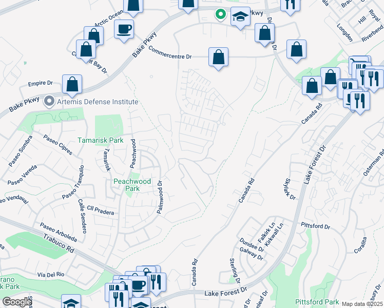 map of restaurants, bars, coffee shops, grocery stores, and more near 647 Pelion in Lake Forest