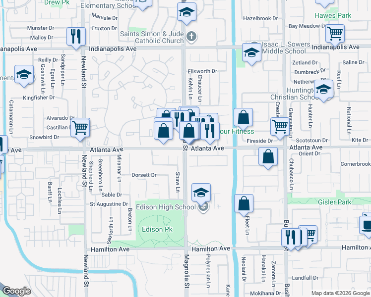 map of restaurants, bars, coffee shops, grocery stores, and more near Magnolia Street & Atlanta Avenue in Huntington Beach