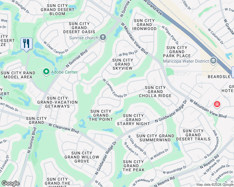 map of restaurants, bars, coffee shops, grocery stores, and more near 15453 West Prairie Dunes Drive in Surprise