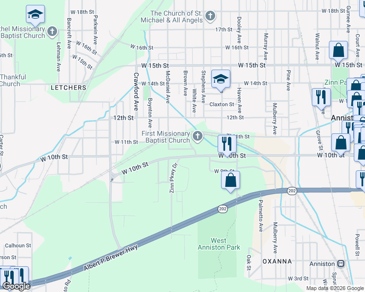 map of restaurants, bars, coffee shops, grocery stores, and more near 1206 West 10th Street in Anniston