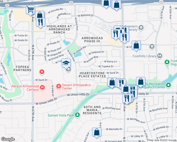 map of restaurants, bars, coffee shops, grocery stores, and more near 6131 West Kimberly Way in Glendale