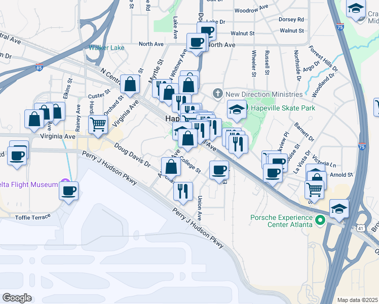map of restaurants, bars, coffee shops, grocery stores, and more near 627 College Street in Hapeville