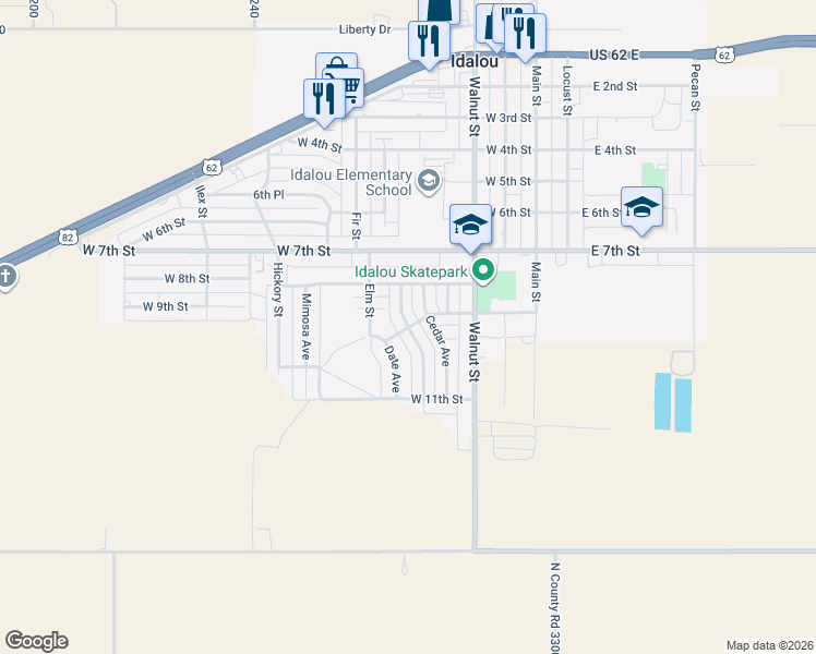 map of restaurants, bars, coffee shops, grocery stores, and more near 899 Dogwood Ave in Idalou