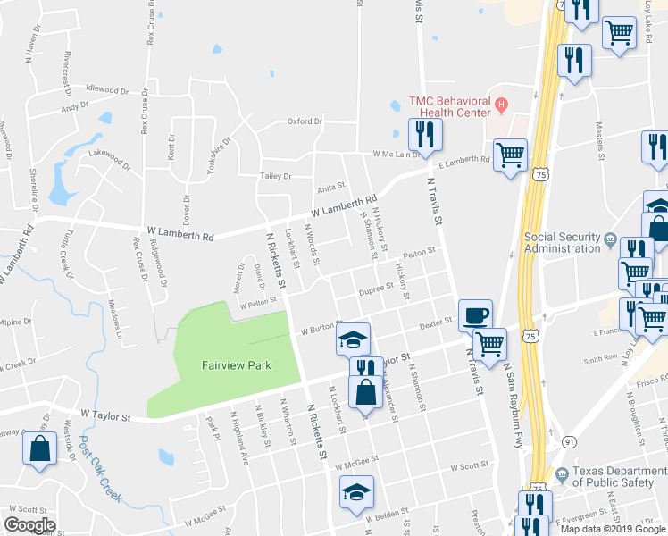 map of restaurants, bars, coffee shops, grocery stores, and more near 425 West Pelton Street in Sherman
