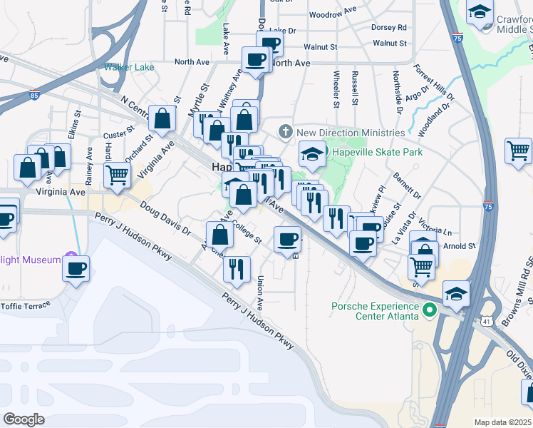 map of restaurants, bars, coffee shops, grocery stores, and more near 577 North Central Avenue in Hapeville