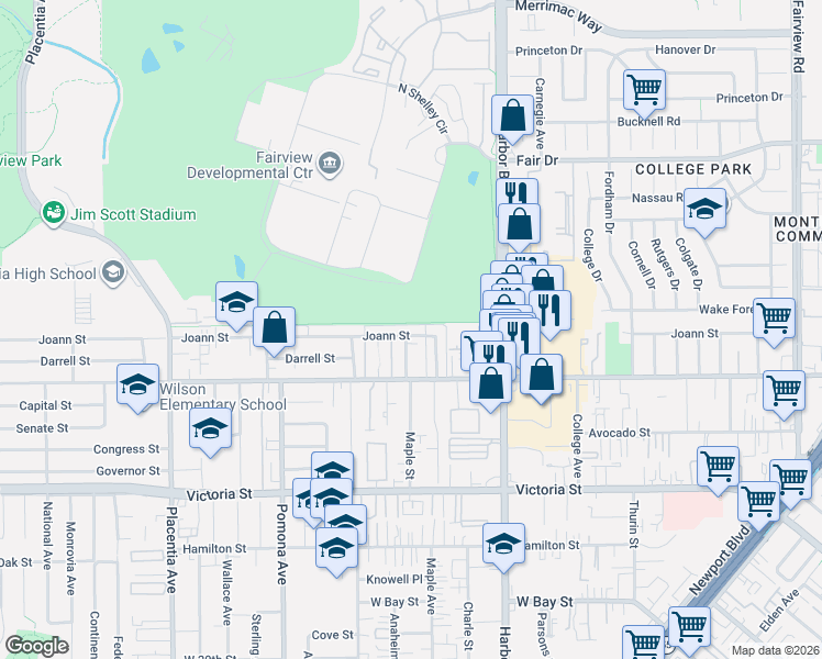 map of restaurants, bars, coffee shops, grocery stores, and more near 578 Joann Street in Costa Mesa