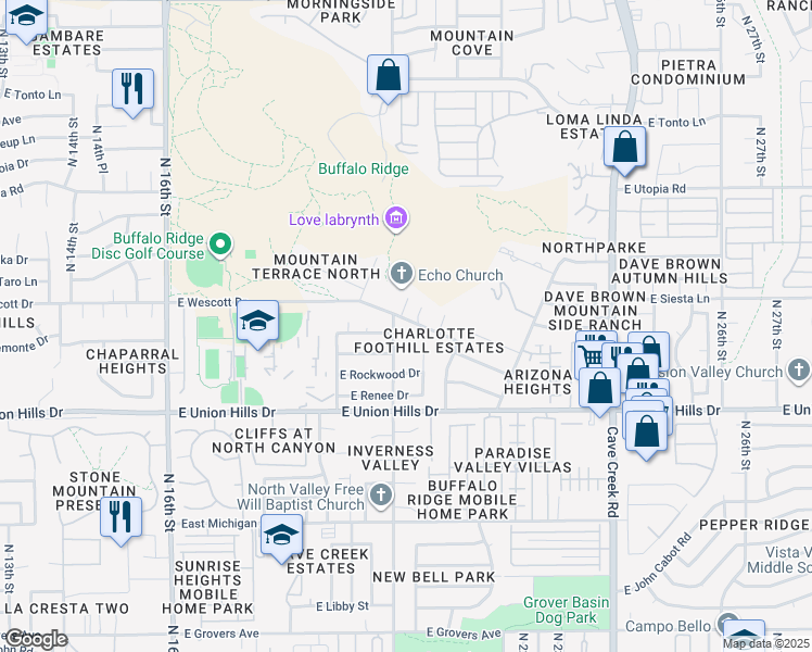 map of restaurants, bars, coffee shops, grocery stores, and more near 19051 North 20th Place in Phoenix