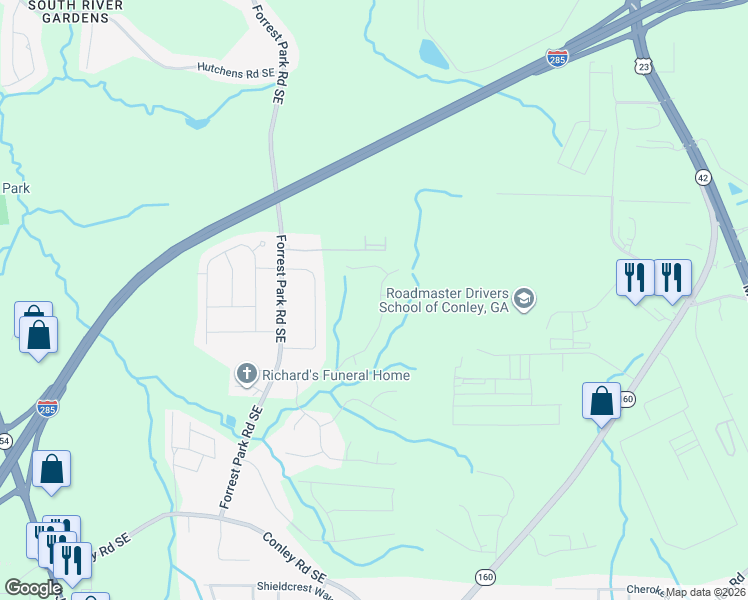 map of restaurants, bars, coffee shops, grocery stores, and more near 3587 Oakshire Way Southeast in Atlanta