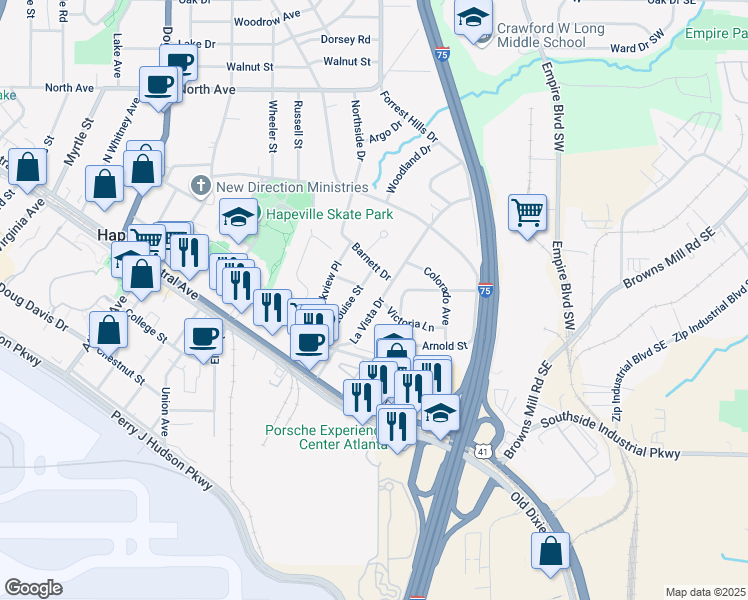 map of restaurants, bars, coffee shops, grocery stores, and more near 3349 La Vista Drive in Hapeville