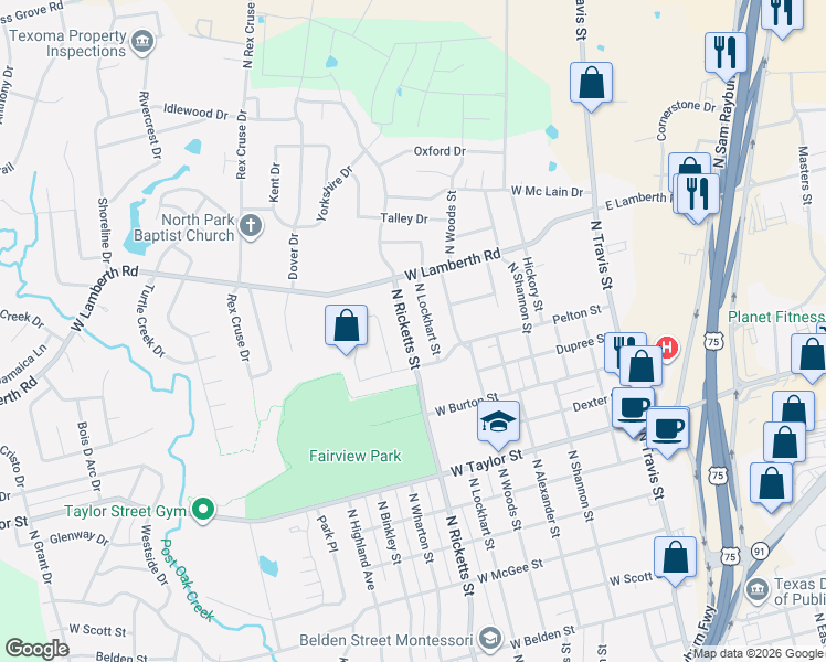 map of restaurants, bars, coffee shops, grocery stores, and more near 2409 North Ricketts Street in Sherman