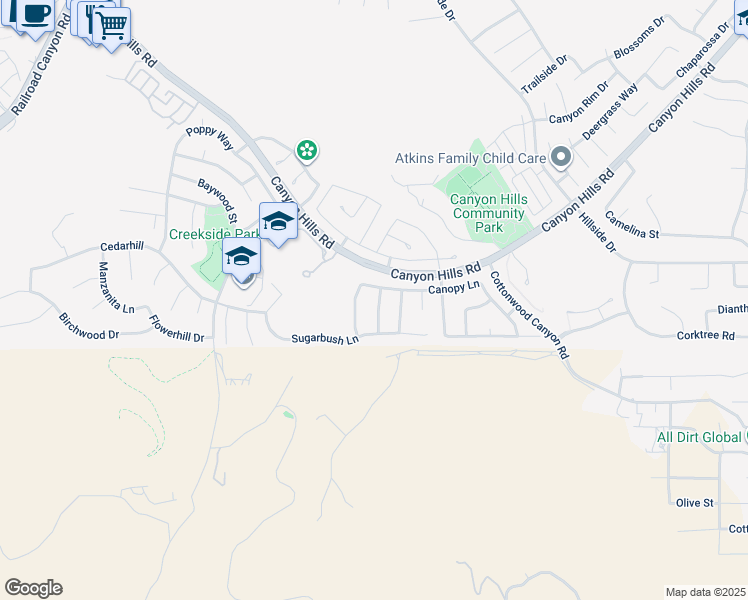 map of restaurants, bars, coffee shops, grocery stores, and more near 32343 Rock Rose Drive in Lake Elsinore