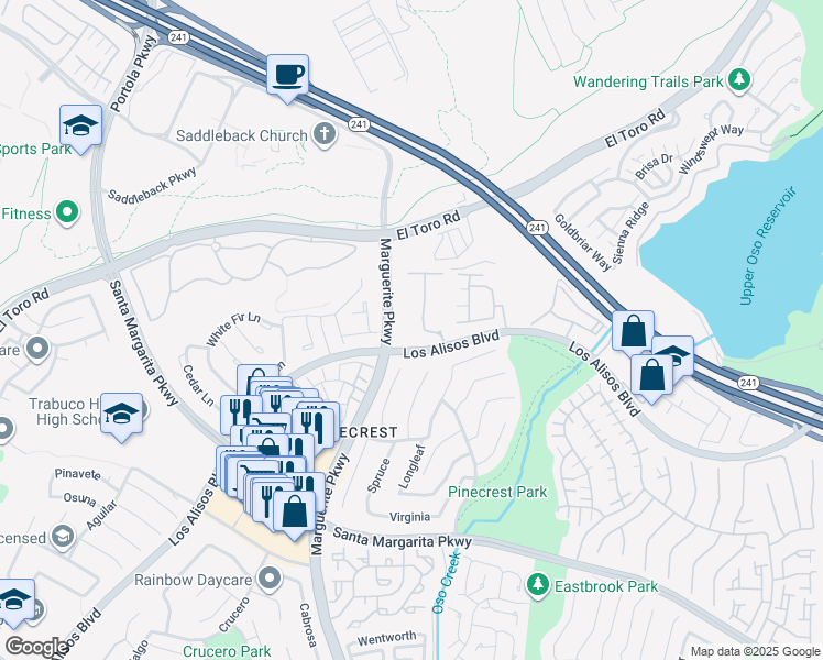 map of restaurants, bars, coffee shops, grocery stores, and more near 135 California Court in Mission Viejo