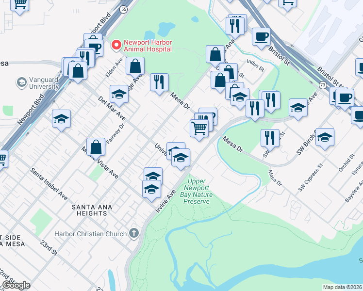 map of restaurants, bars, coffee shops, grocery stores, and more near 2617 Redlands Drive in Costa Mesa