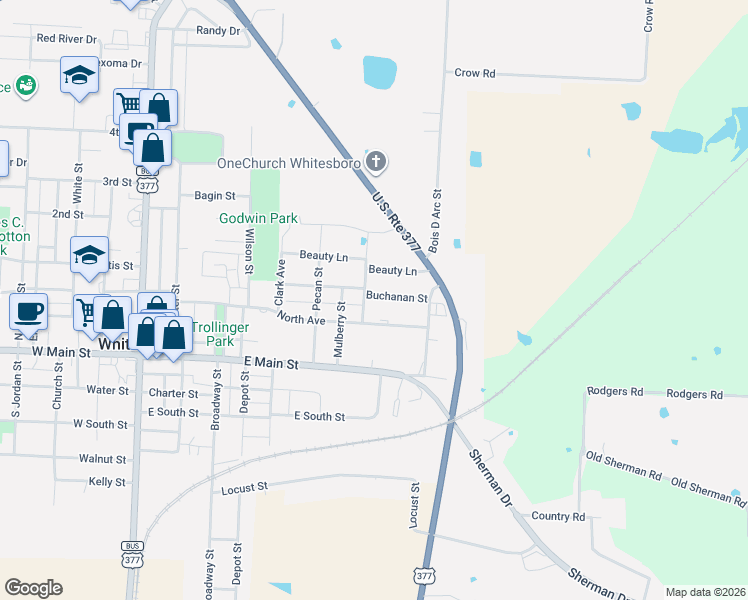 map of restaurants, bars, coffee shops, grocery stores, and more near 400 Beauty Lane in Whitesboro