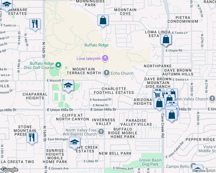 map of restaurants, bars, coffee shops, grocery stores, and more near 19051 North 20th Place in Phoenix