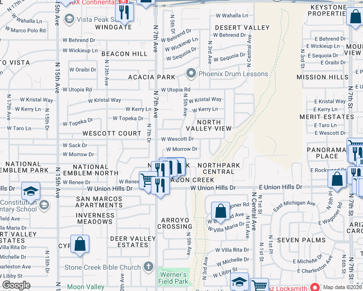 map of restaurants, bars, coffee shops, grocery stores, and more near 402 West Wescott Drive in Phoenix