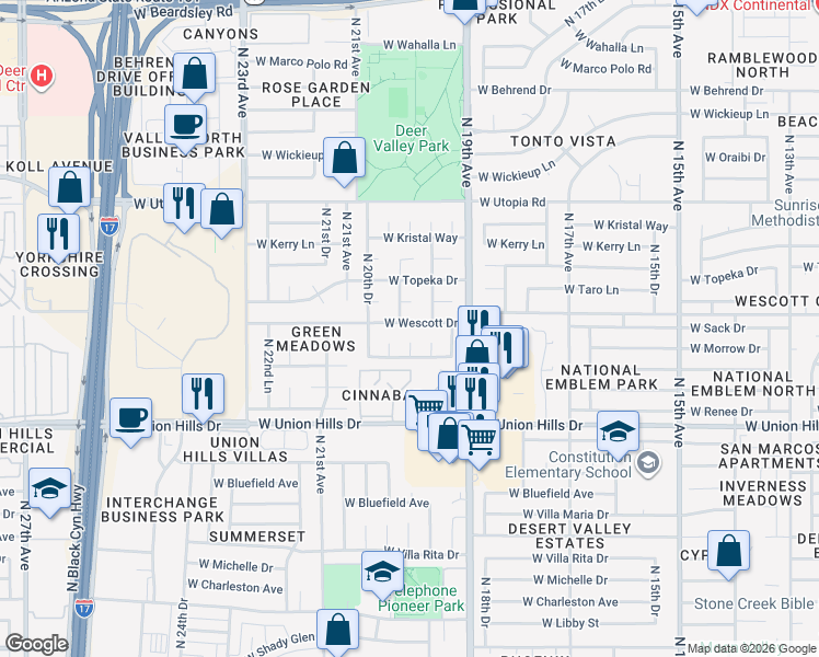 map of restaurants, bars, coffee shops, grocery stores, and more near 19010 North 20th Avenue in Phoenix
