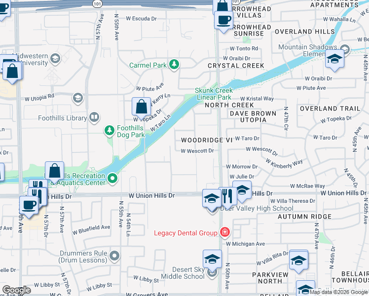 map of restaurants, bars, coffee shops, grocery stores, and more near 5214 West Taro Lane in Glendale