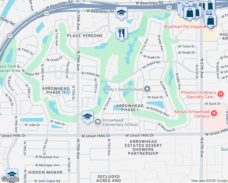 map of restaurants, bars, coffee shops, grocery stores, and more near 7193 West Utopia Road in Glendale