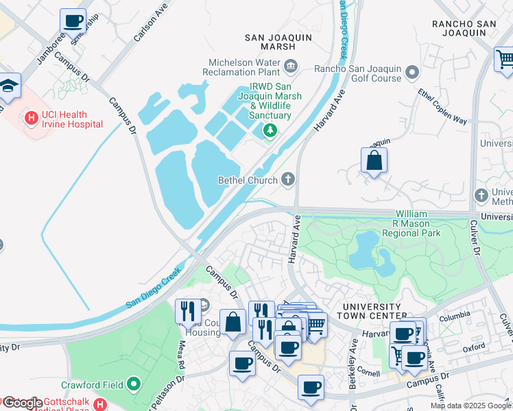 map of restaurants, bars, coffee shops, grocery stores, and more near 3773 University Drive in Irvine