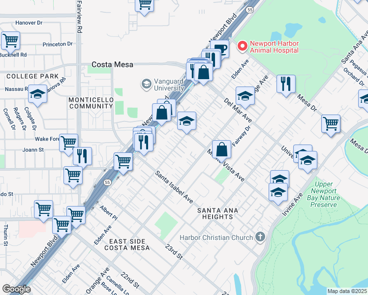 map of restaurants, bars, coffee shops, grocery stores, and more near 2481 Elden Avenue in Costa Mesa