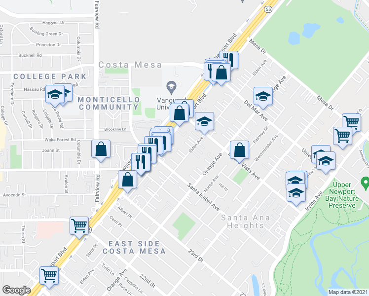 map of restaurants, bars, coffee shops, grocery stores, and more near 2458 Newport Boulevard in Costa Mesa