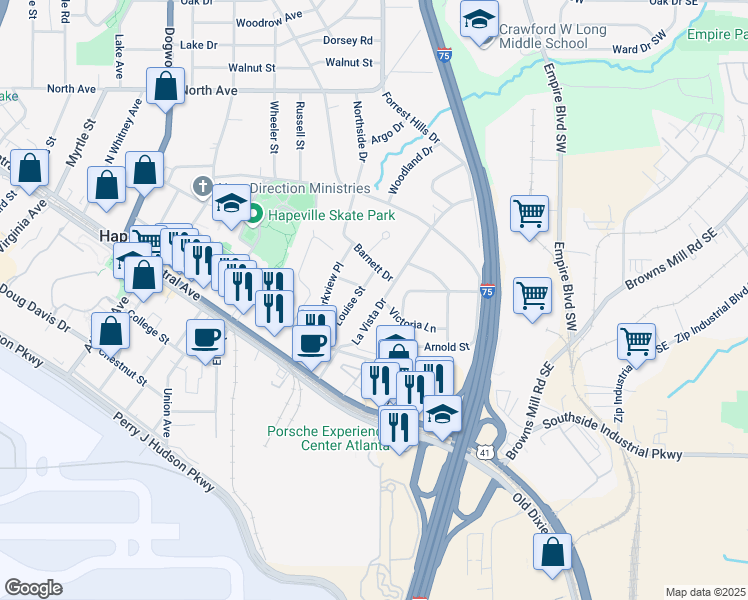 map of restaurants, bars, coffee shops, grocery stores, and more near 3349 La Vista Drive in Hapeville