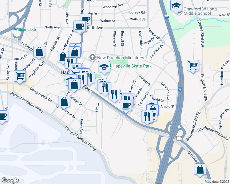 map of restaurants, bars, coffee shops, grocery stores, and more near 35 Central Park Drive in Hapeville