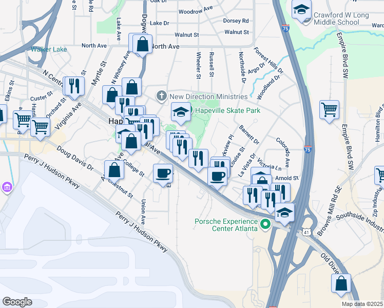 map of restaurants, bars, coffee shops, grocery stores, and more near 525 King Arnold Street in Hapeville