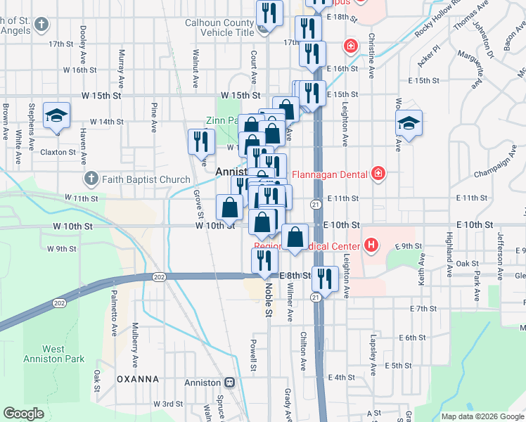 map of restaurants, bars, coffee shops, grocery stores, and more near 1102 Noble Street in Anniston
