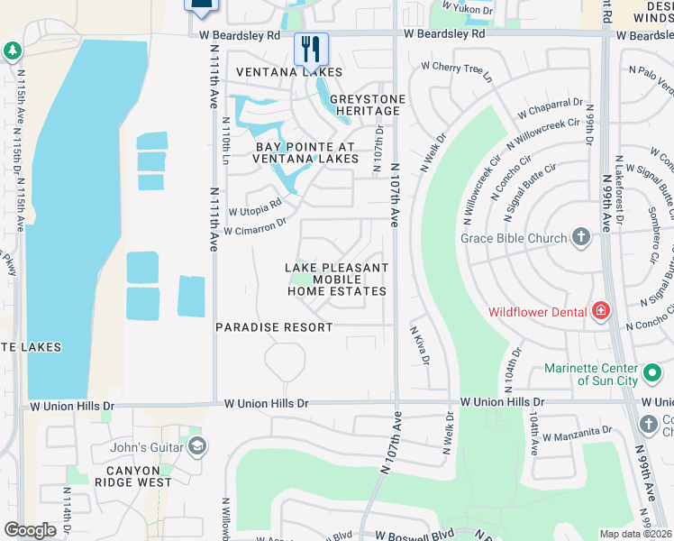 map of restaurants, bars, coffee shops, grocery stores, and more near 10811 West Michael Drive in Sun City