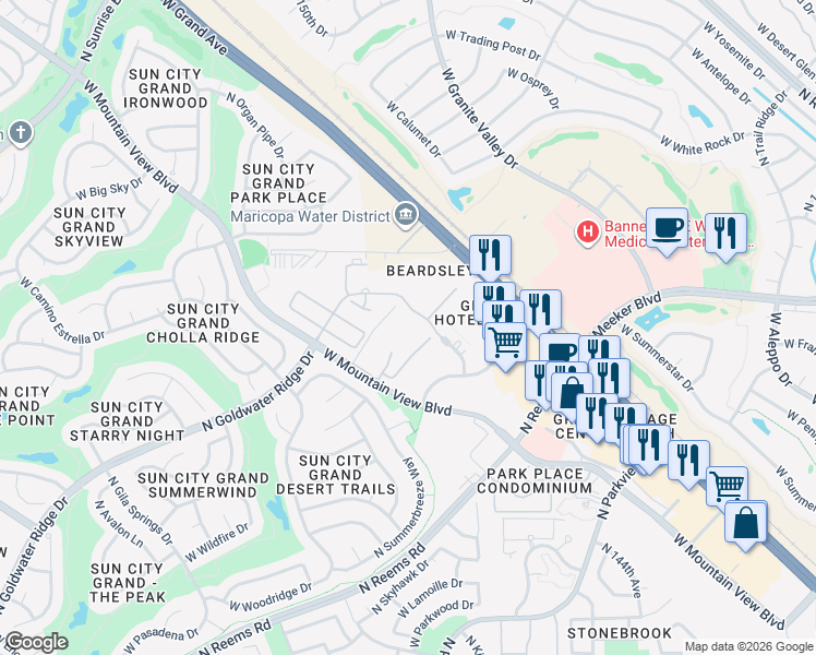 map of restaurants, bars, coffee shops, grocery stores, and more near West Goldwater Ridge Drive in Surprise